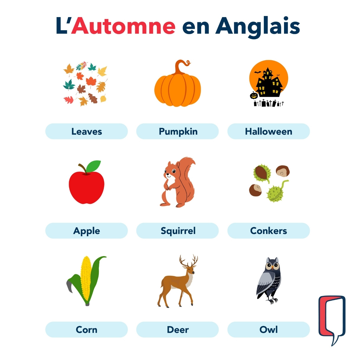 'L'Automne en Anglais'. Elle présente neuf dessins liés à l'automne avec leurs noms en anglais : des feuilles (Leaves), une citrouille (Pumpkin), une scène d'Halloween (Halloween), une pomme (Apple), un écureuil (Squirrel), des marrons (Conkers), du maïs (Corn), un cerf (Deer) et une chouette (Owl).