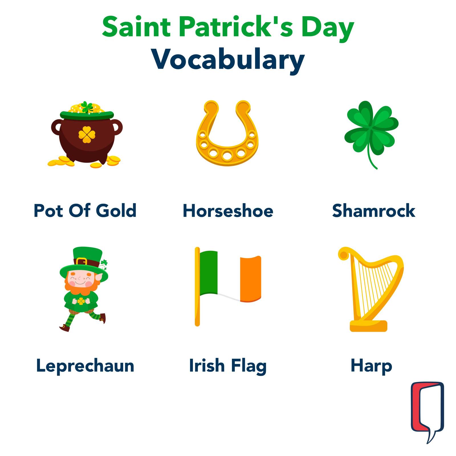 St Patrick's Day Vocabulary - Pot of gold, horseshoe, shamrock, leprechaun, Irish flag, harp